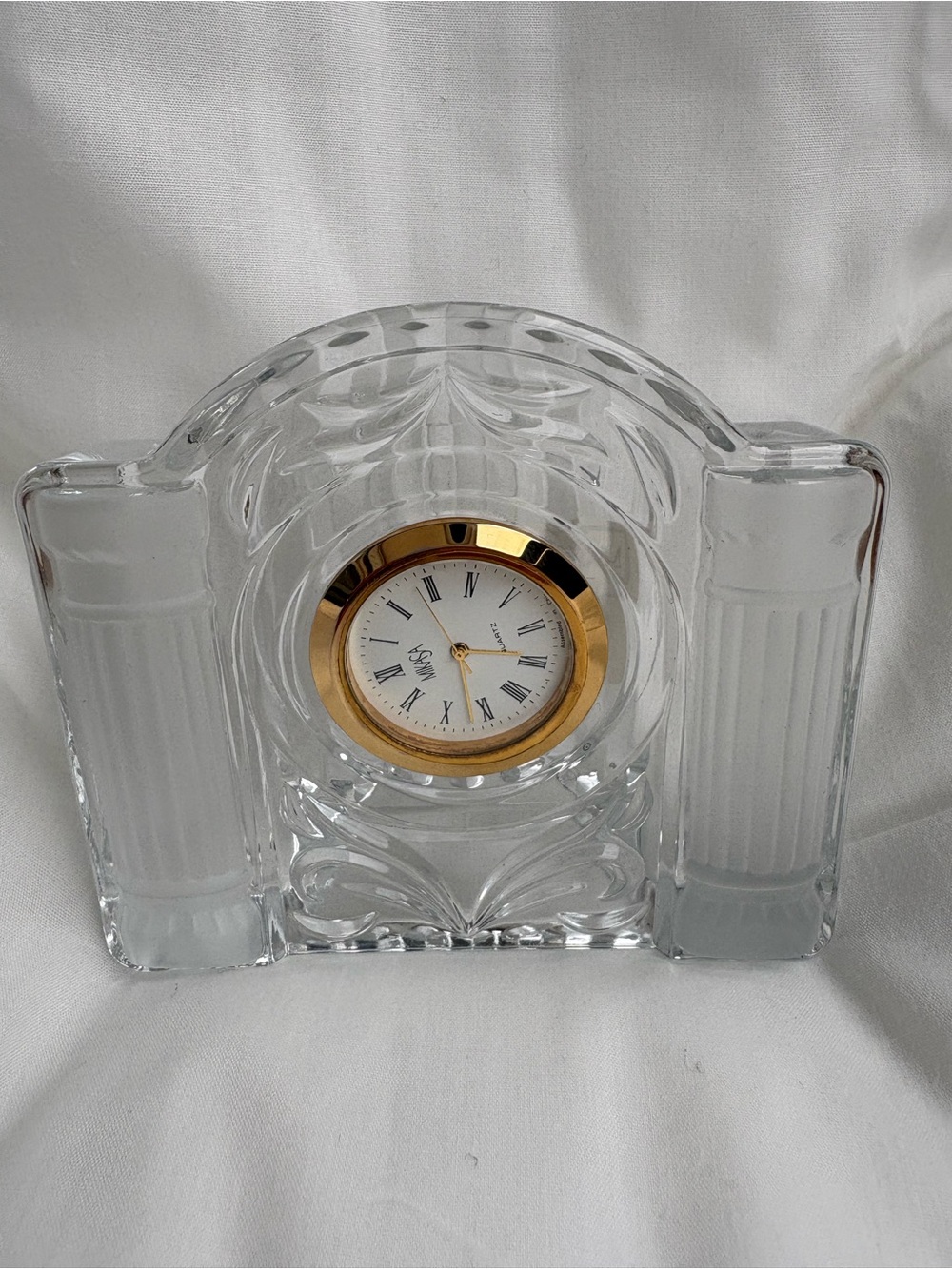 Vintage Mikasa Clear Crystal Quart Desk Clock in the with Gold-Tone Bezel.